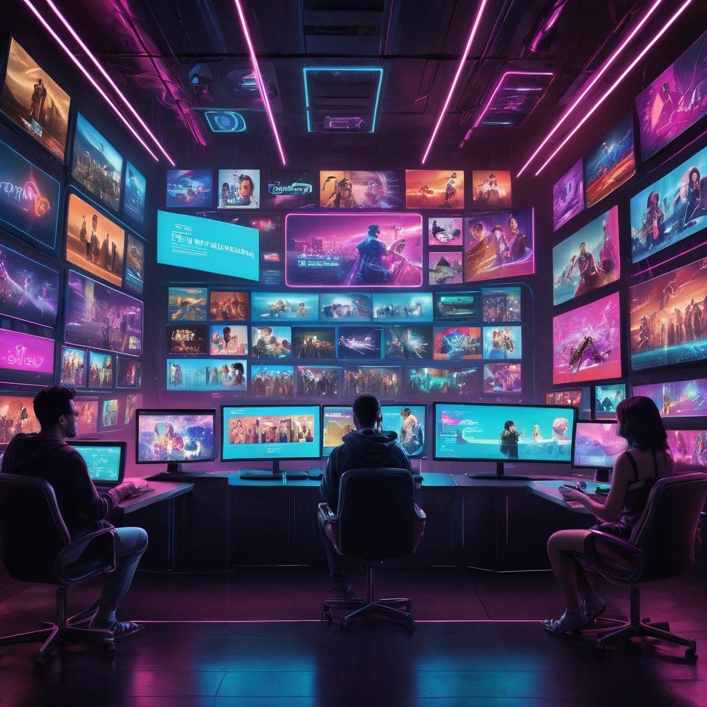 A futuristic digital landscape featuring various screens showcasing different genres of adult films. Include a diverse group of people happily engaging with their devices, surrounded by a whirlwind of vibrant streaming data and icons representing popular streaming platforms. The atmosphere should be playful yet modern, reflecting a revolution in digital entertainment. neon colors. cyberpunk. dynamic composition.